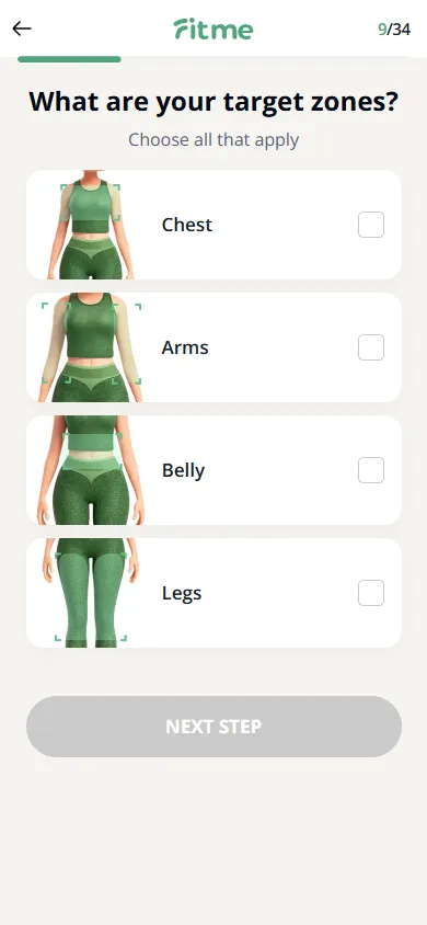 FitMe — 34-question personalization quiz (screen 13)