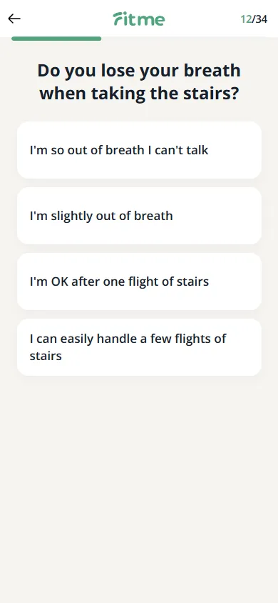 FitMe — 34-question personalization quiz (screen 16)