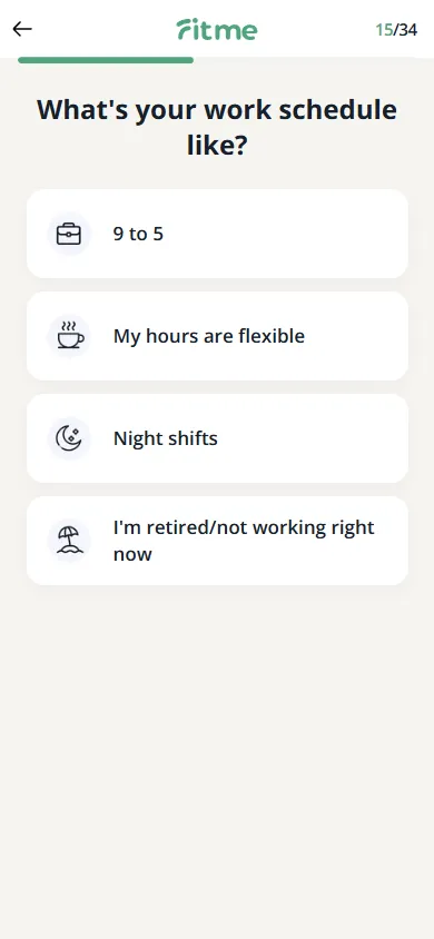 FitMe — 34-question personalization quiz (screen 20)