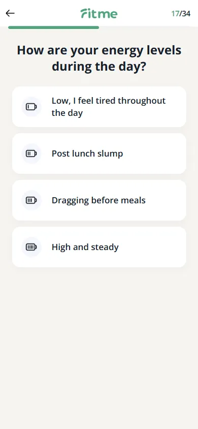 FitMe — 34-question personalization quiz (screen 22)