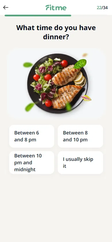 FitMe — 34-question personalization quiz (screen 28)