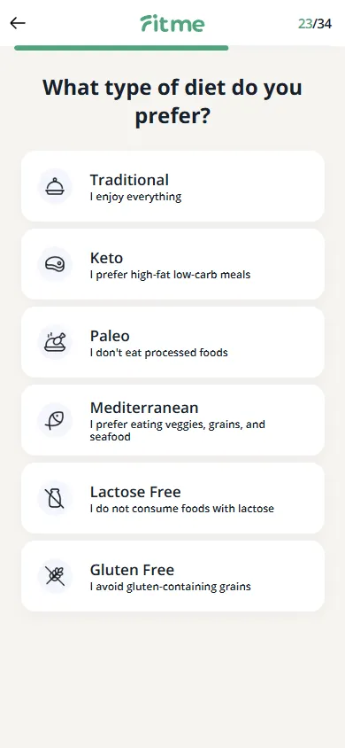 FitMe — 34-question personalization quiz (screen 29)