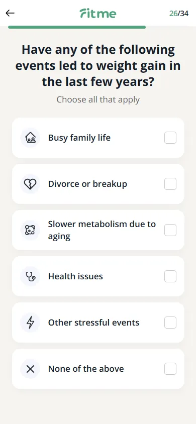 FitMe — 34-question personalization quiz (screen 32)