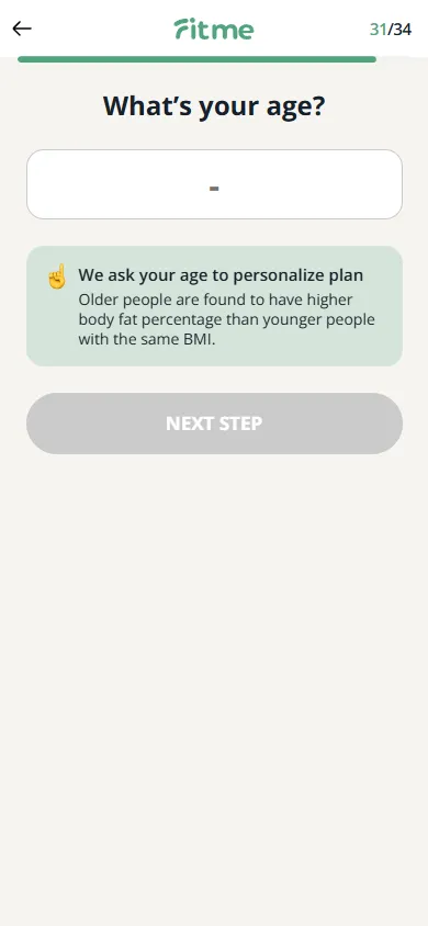 FitMe — 34-question personalization quiz (screen 37)