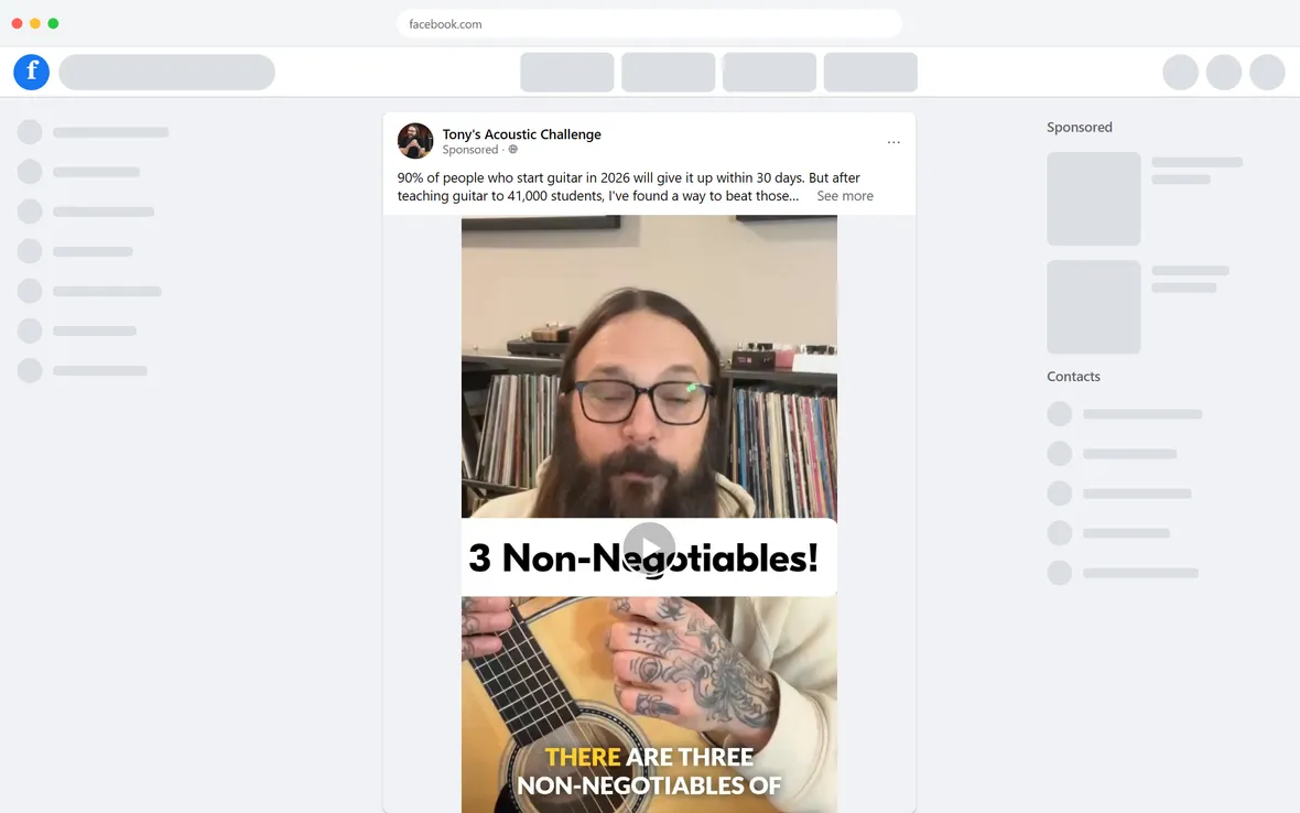 Tony's Acoustic Challenge — “90% of people who start guitar in 2026 will give it up within 30 days.” (desktop)