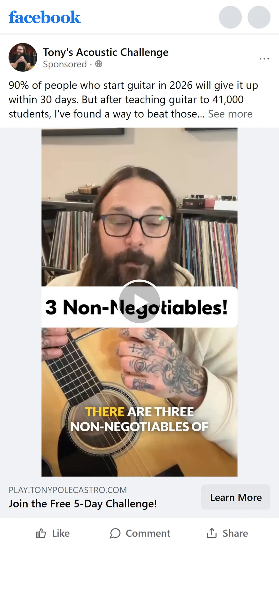 Tony's Acoustic Challenge — “90% of people who start guitar in 2026 will give it up within 30 days.” (mobile)