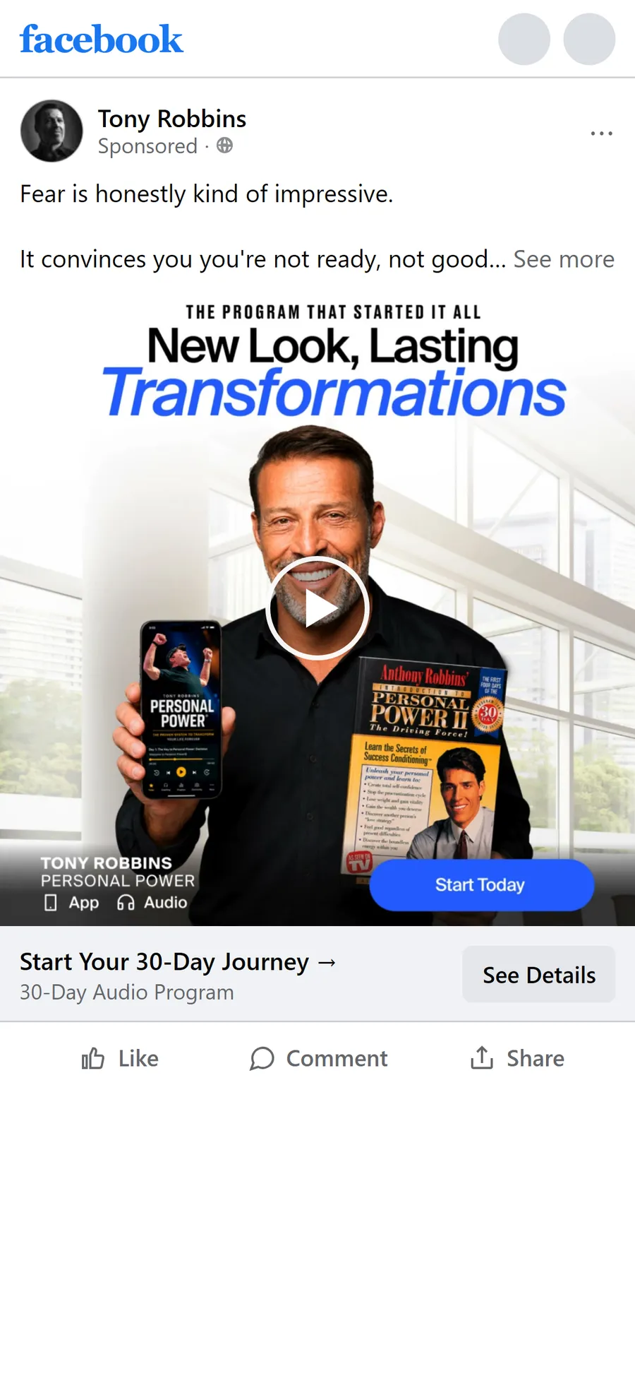 Tony Robbins — "Start Your 30-Day Journey" ad (mobile)