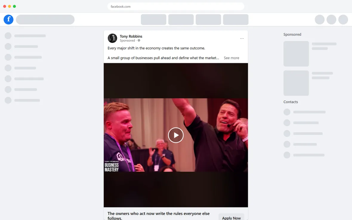 Tony Robbins — "The owners who act now write the rules" video ad (desktop)