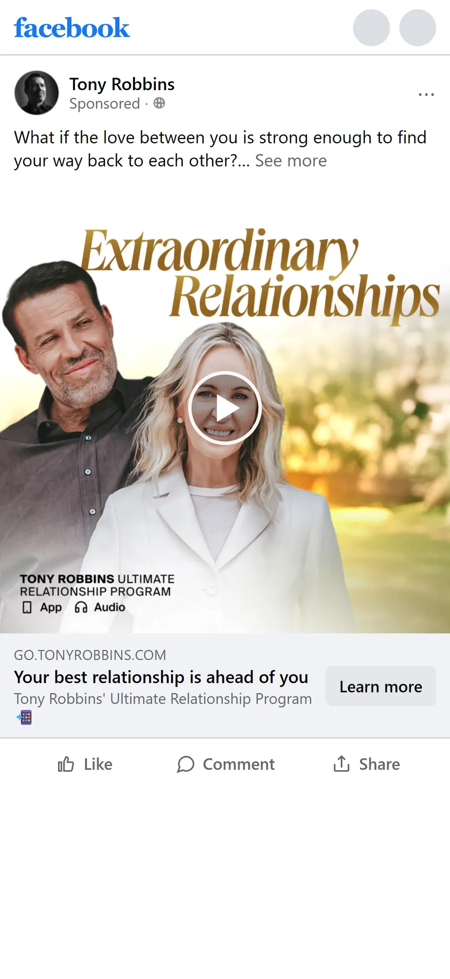 Tony Robbins — "Your best relationship is ahead of you" ad (mobile)
