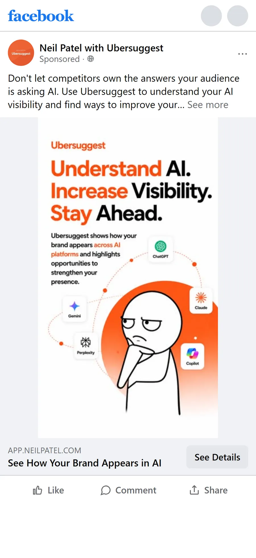 Ubersuggest — "Understand AI. Increase Visibility. Stay Ahead." (mobile)