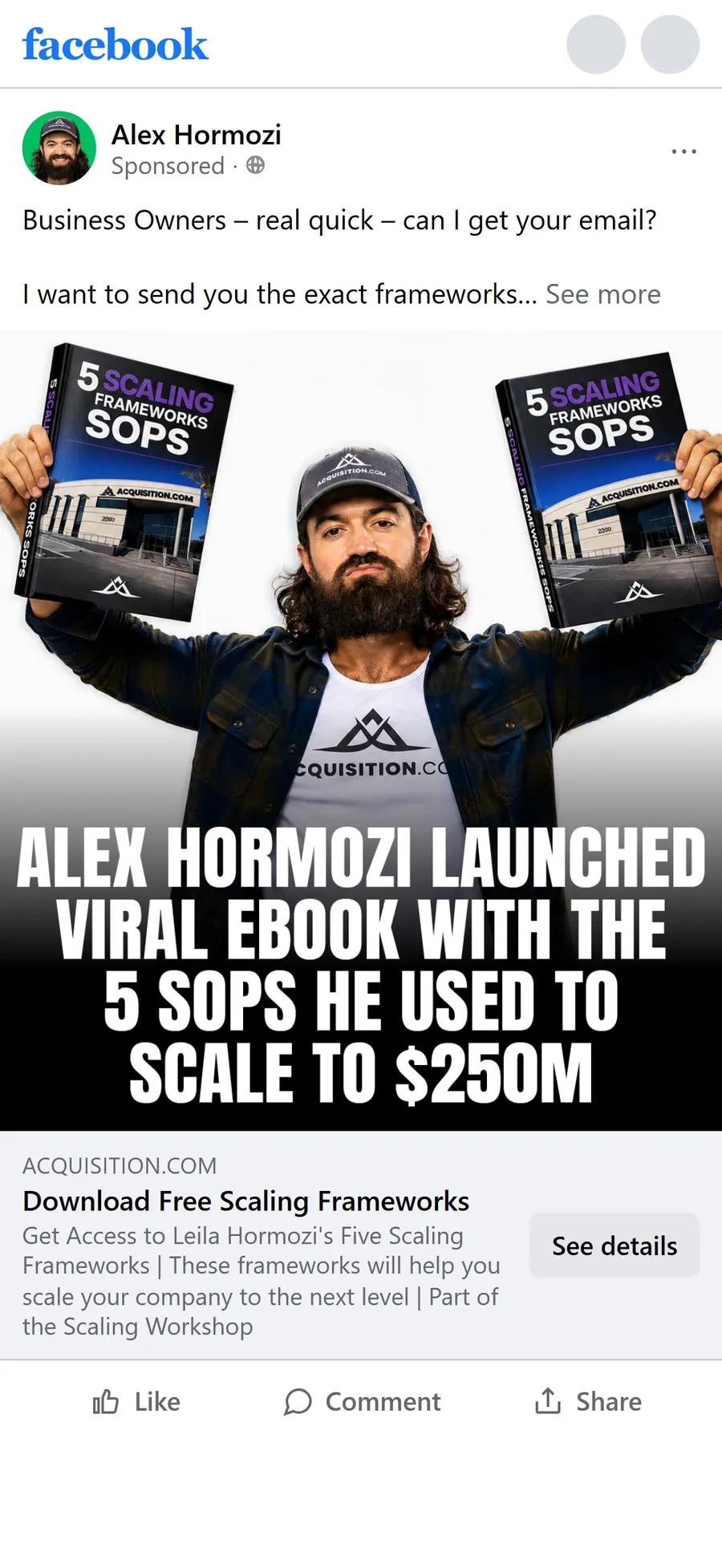 Acquisition.com — "5 Scaling Frameworks" still ad — Alex Hormozi (mobile)