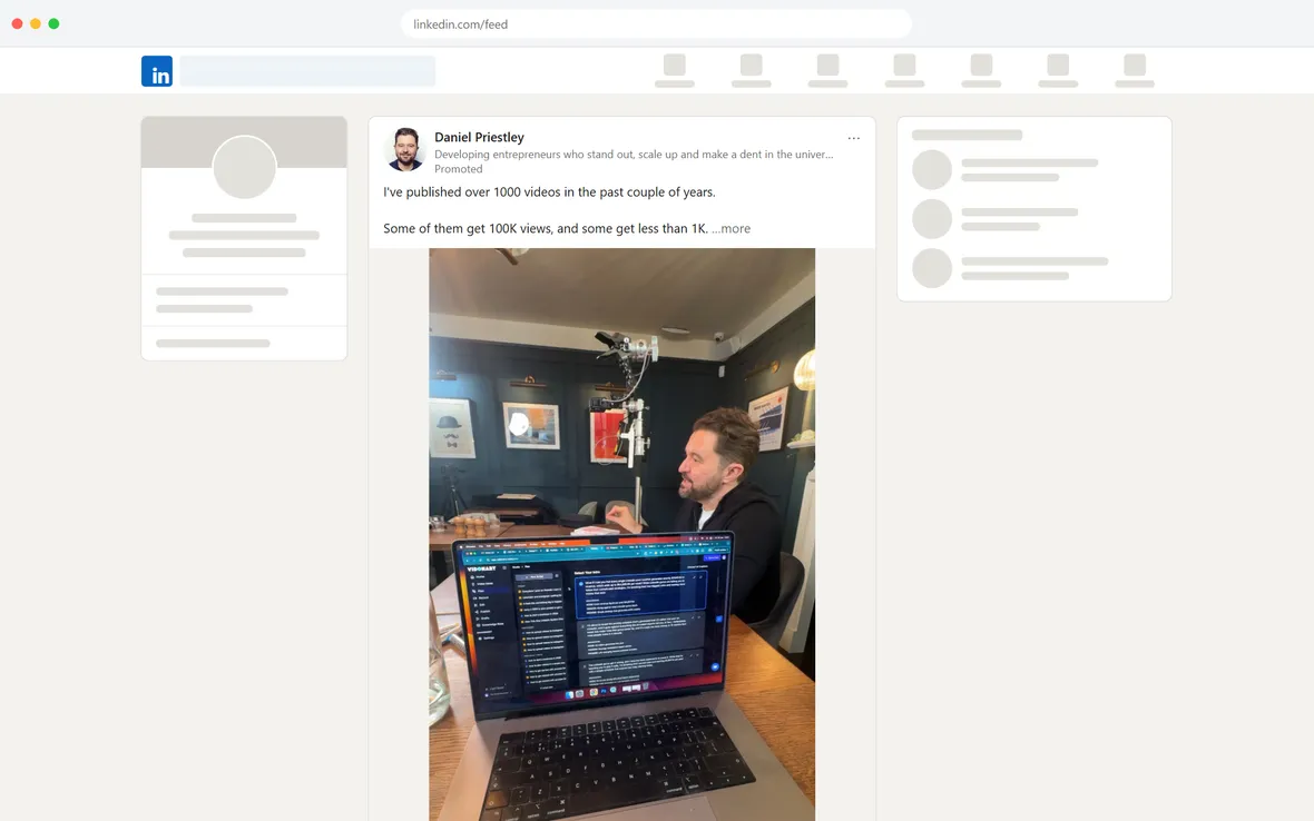 Vidonary — “I’ve published over 1000 videos” LinkedIn ad (desktop)