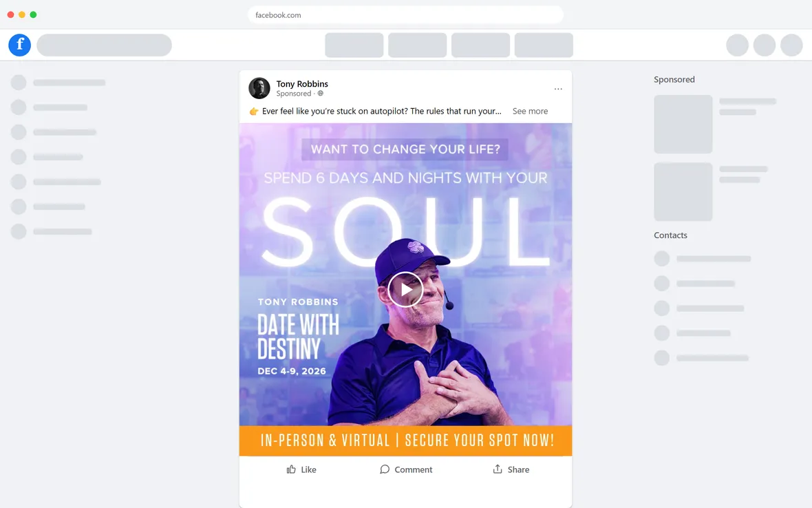 Tony Robbins — "Ever feel like you're stuck on autopilot?" long-copy video ad (desktop)