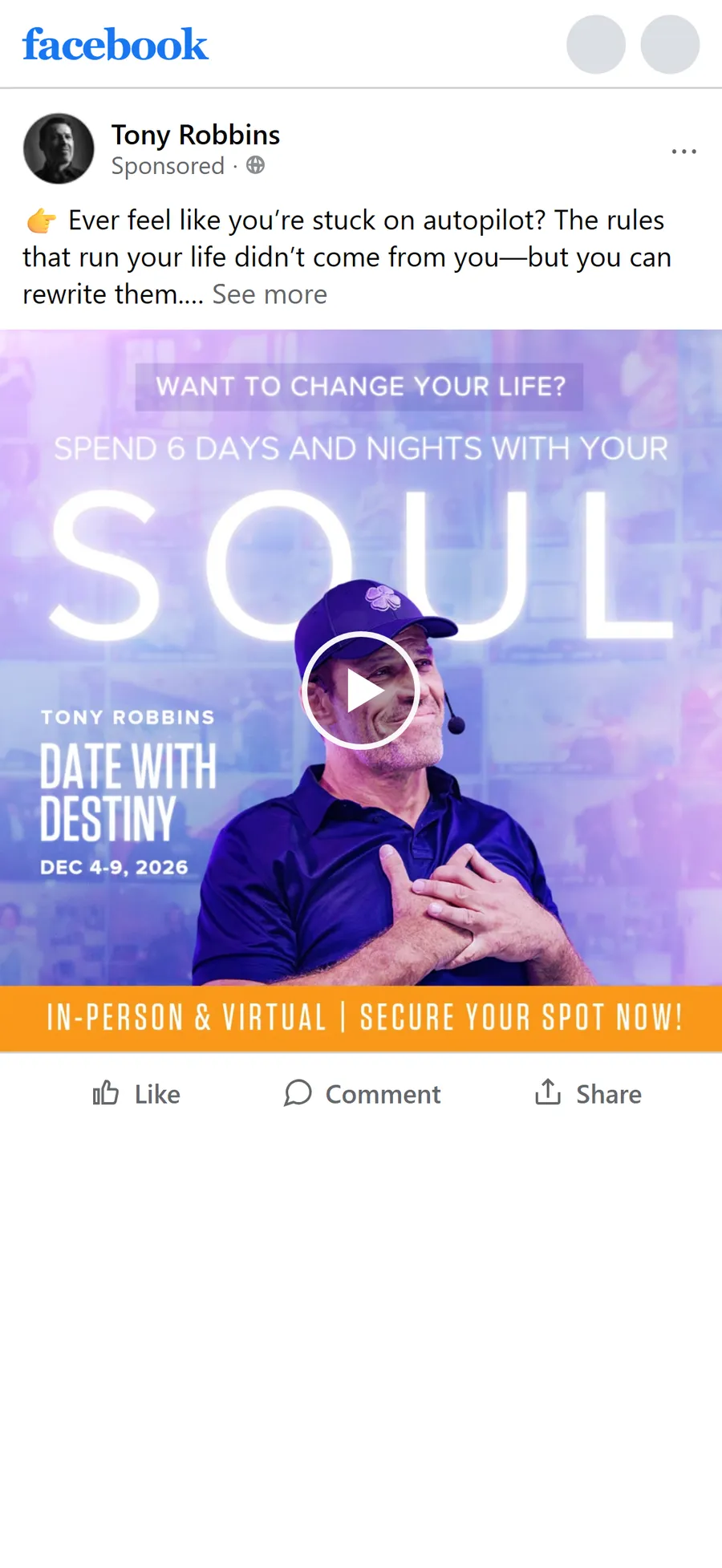 Tony Robbins — "Ever feel like you're stuck on autopilot?" long-copy video ad (mobile)