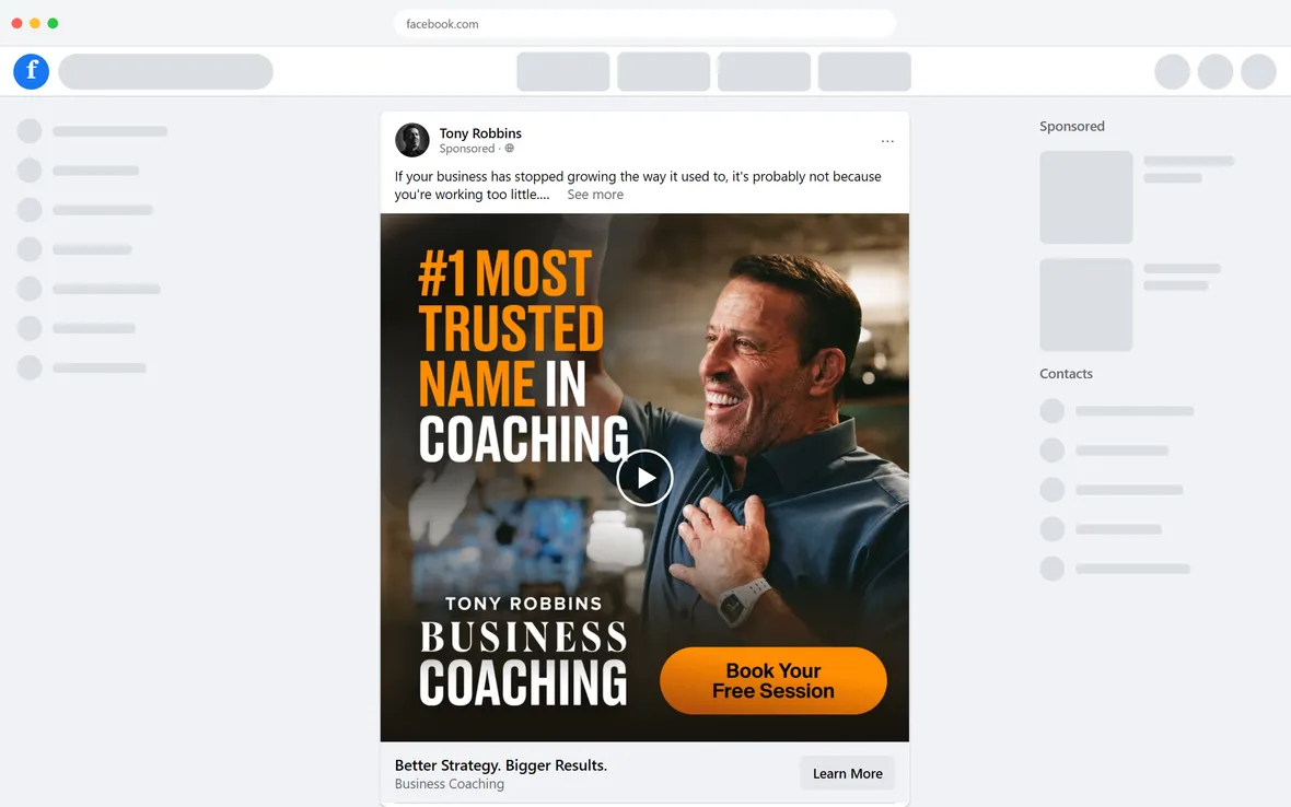 Tony Robbins — "Better Strategy. Bigger Results." ad (desktop)