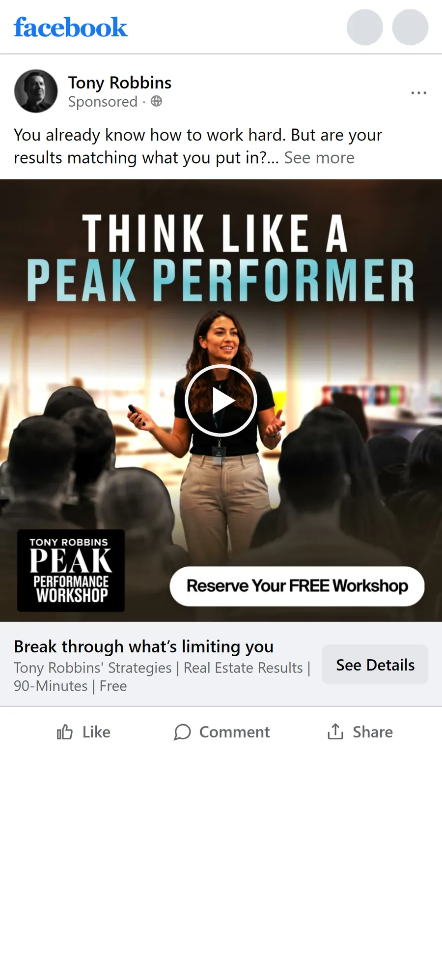 Tony Robbins — "Break through what's limiting you" ad (mobile)