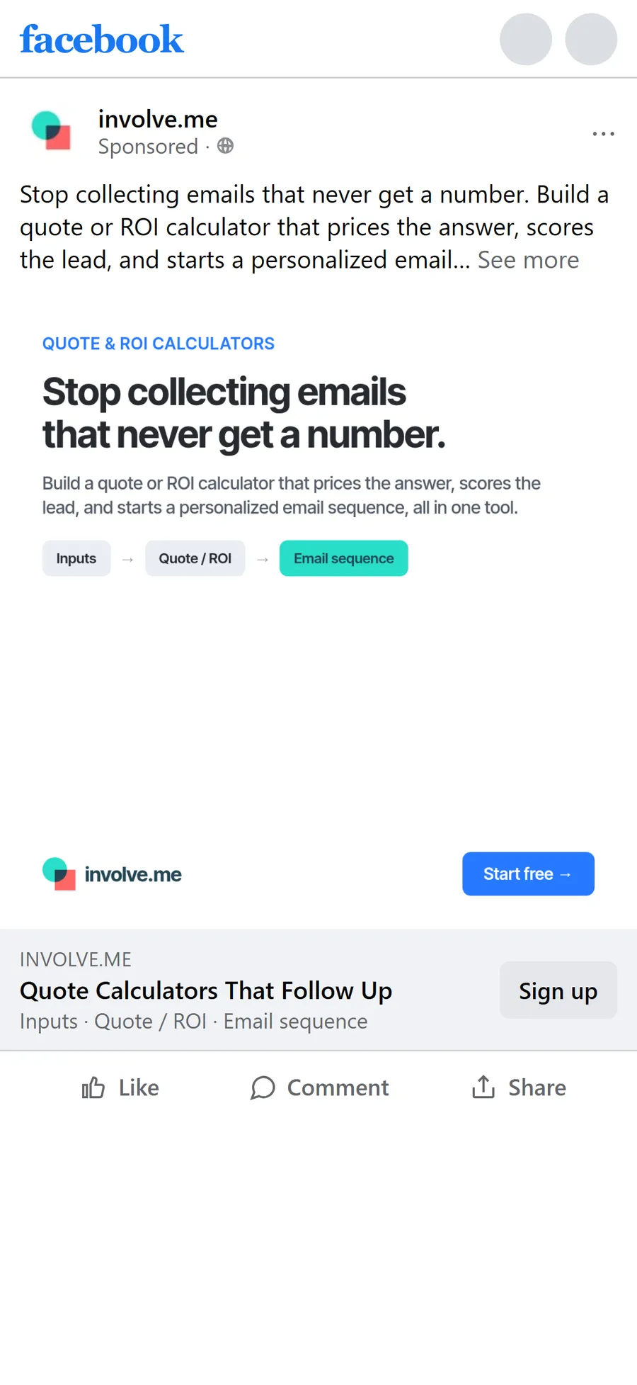involve.me — "Stop collecting emails that never get a number." (for past visitors) (mobile)