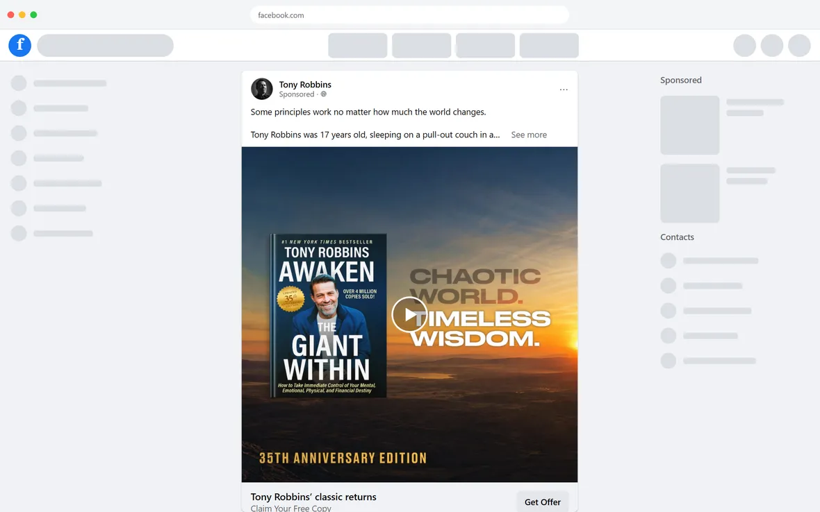 Tony Robbins — "Tony Robbins' classic returns" origin-story ad (desktop)