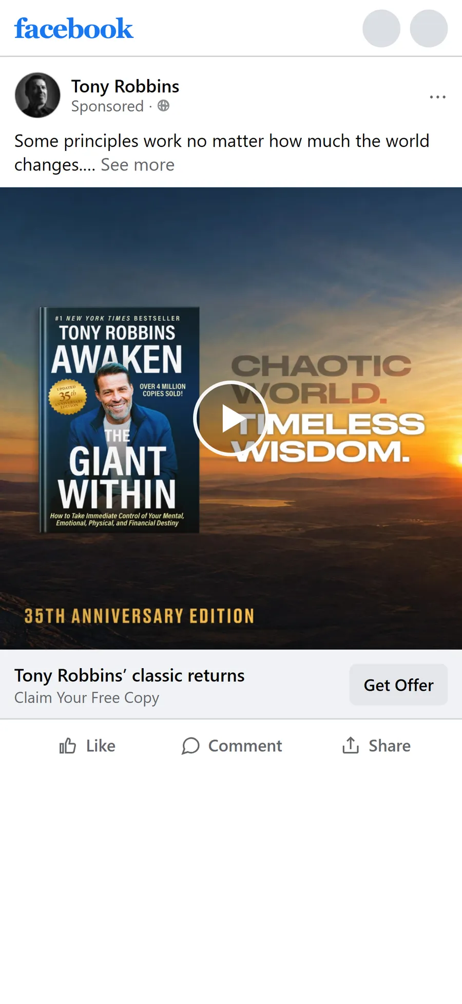 Tony Robbins — "Tony Robbins' classic returns" origin-story ad (mobile)