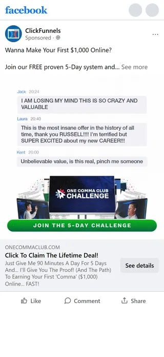 ClickFunnels — "Most insane offer in history" chat-screenshot ad