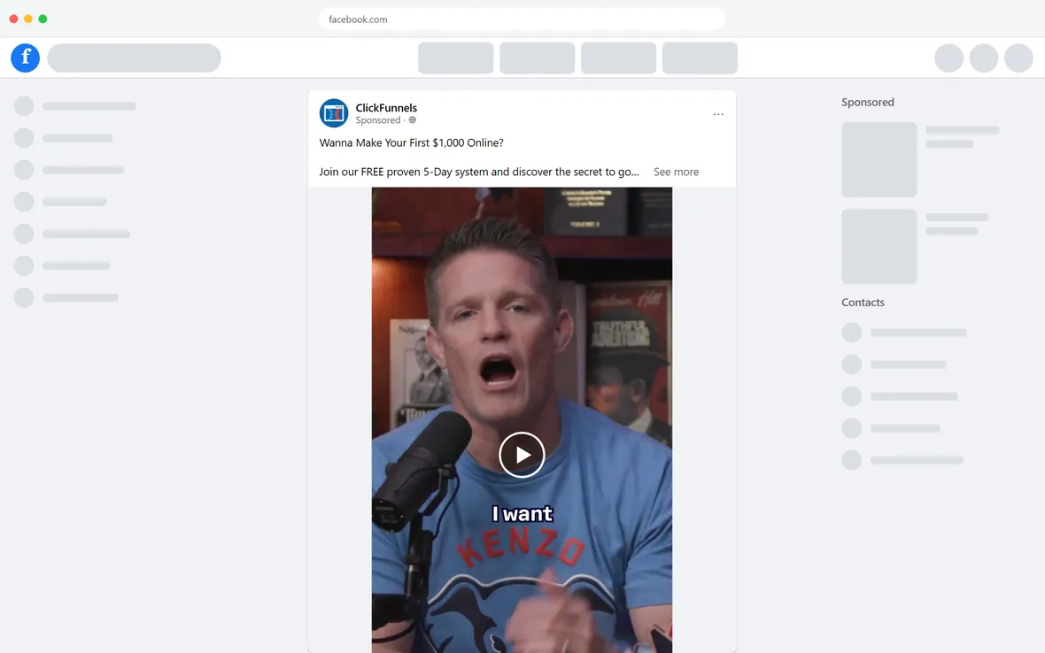 ClickFunnels — "Wanna make your first $1,000 online?" video ad (desktop)