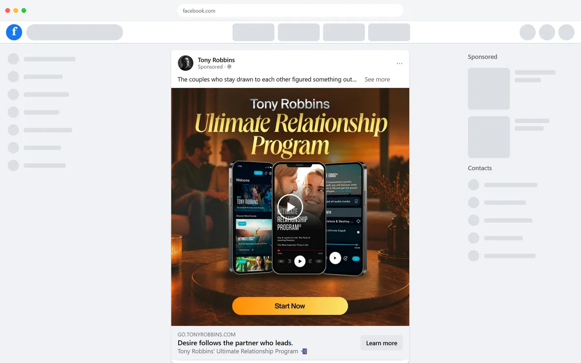 Tony Robbins — "Desire follows the partner who leads" ad (desktop)