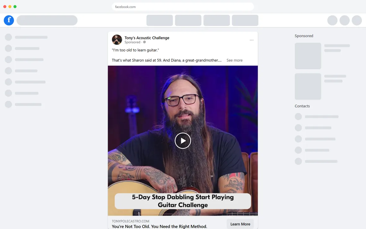 Tony's Acoustic Challenge — “I’m too old to learn guitar.” video ad (desktop)