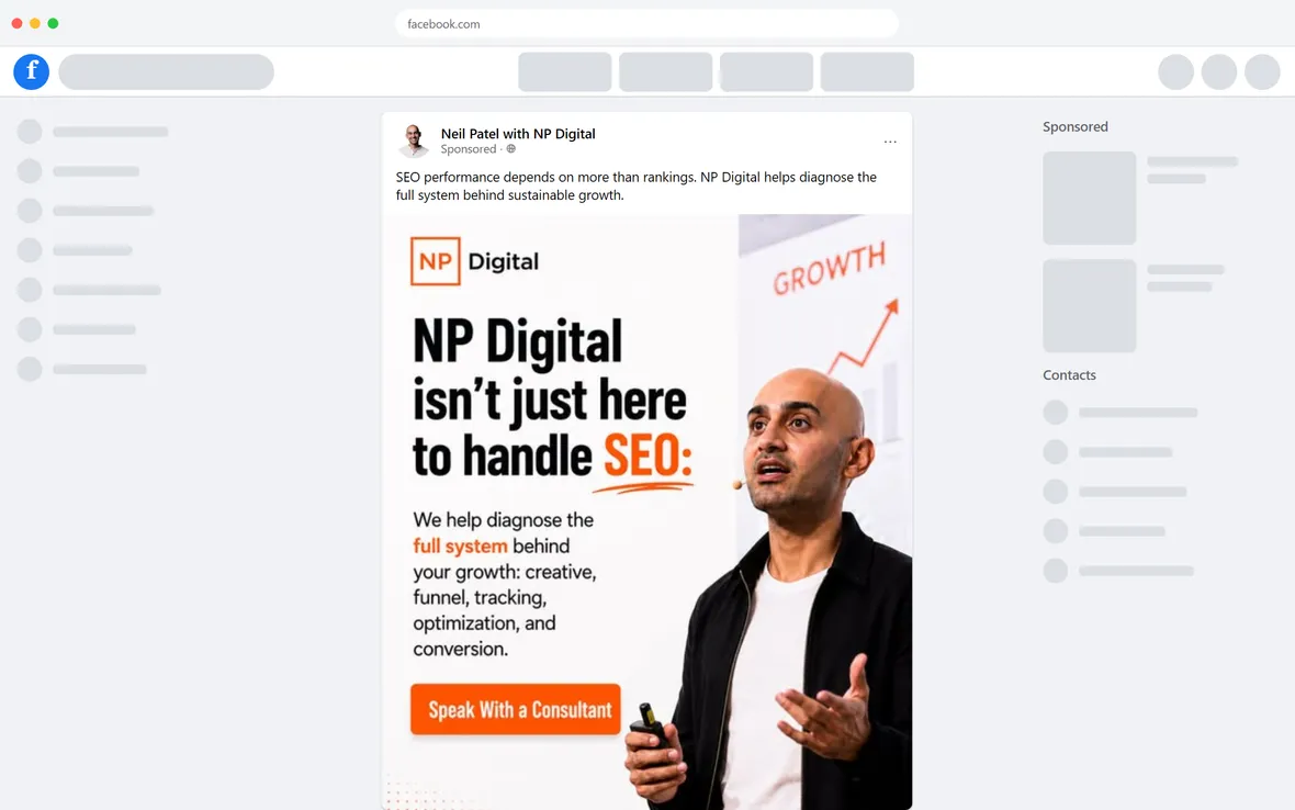 NP Digital — "NP Digital isn't just here to handle SEO" — Neil Patel on stage (desktop)