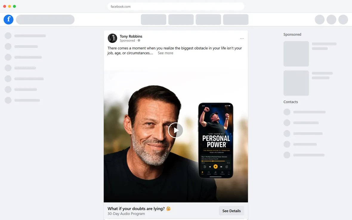 Tony Robbins — "What if your doubts are lying?" ad (desktop)