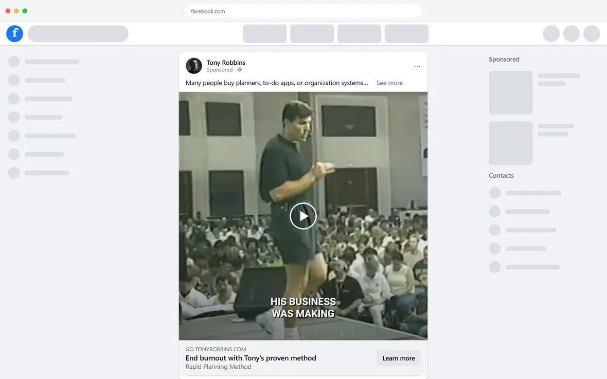 Tony Robbins — "End burnout with Tony's proven method" ad (desktop)