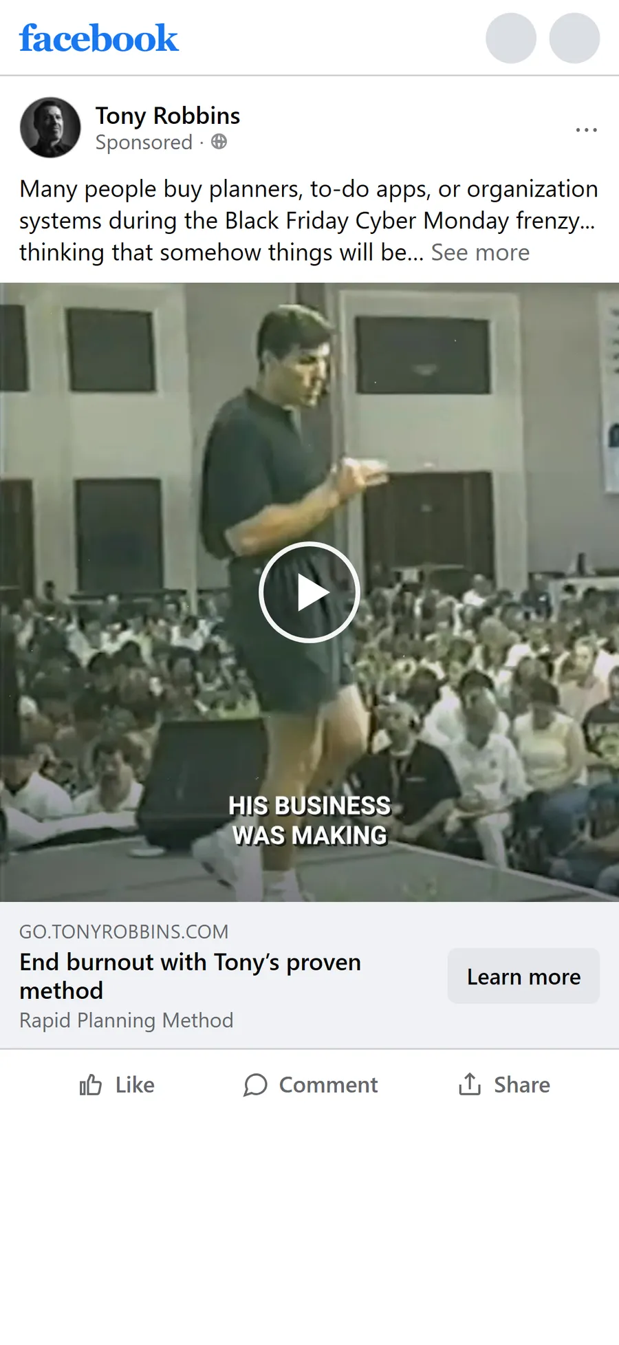 Tony Robbins — "End burnout with Tony's proven method" ad (mobile)