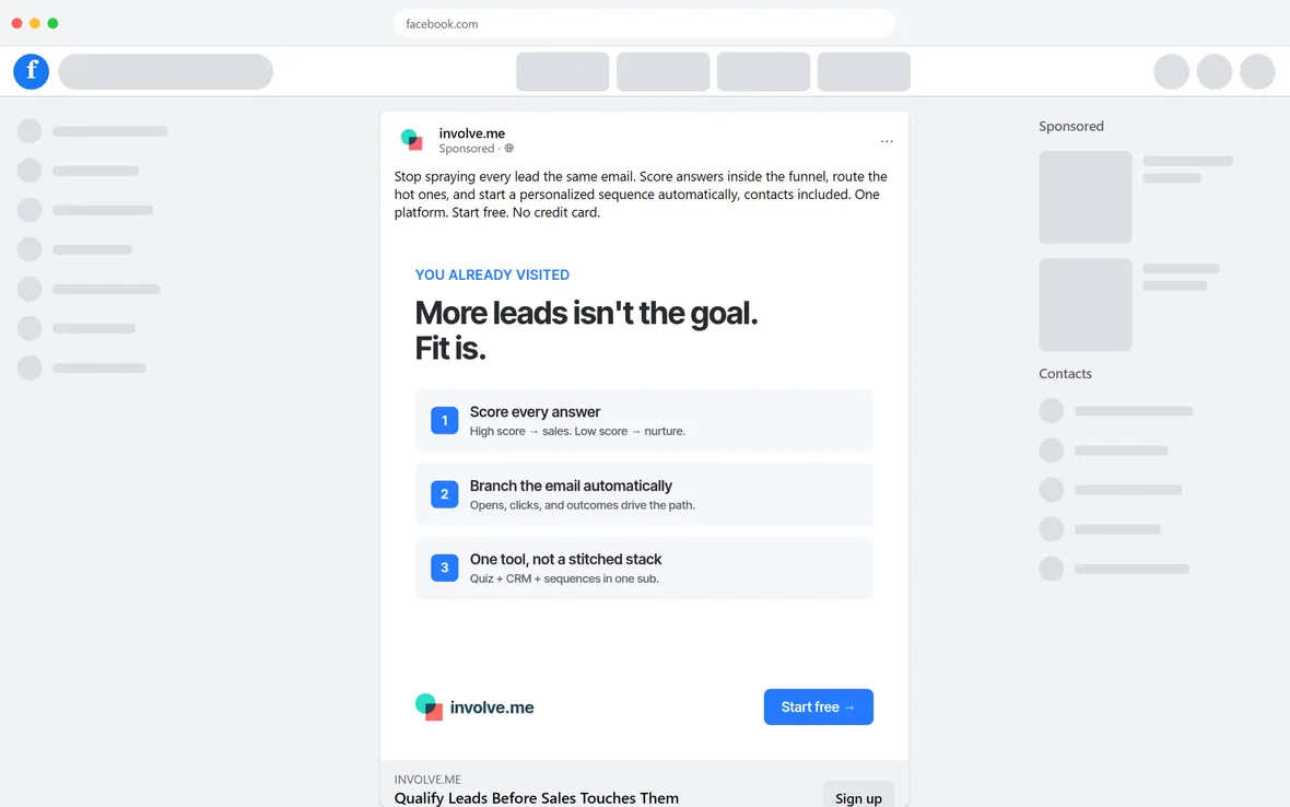 involve.me — "You already visited. More leads isn't the goal. Fit is." (for past visitors) (desktop)