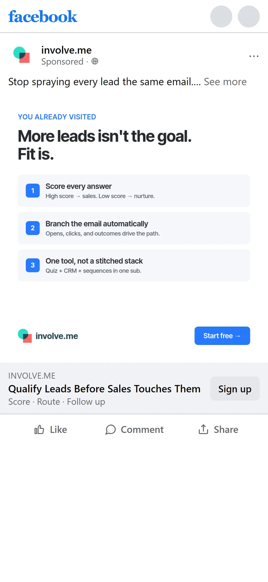 involve.me — "You already visited. More leads isn't the goal. Fit is." (for past visitors) (mobile)