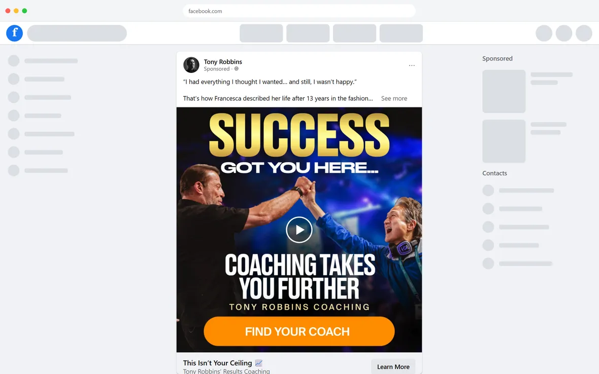 Tony Robbins — "This Isn't Your Ceiling" testimonial ad (desktop)