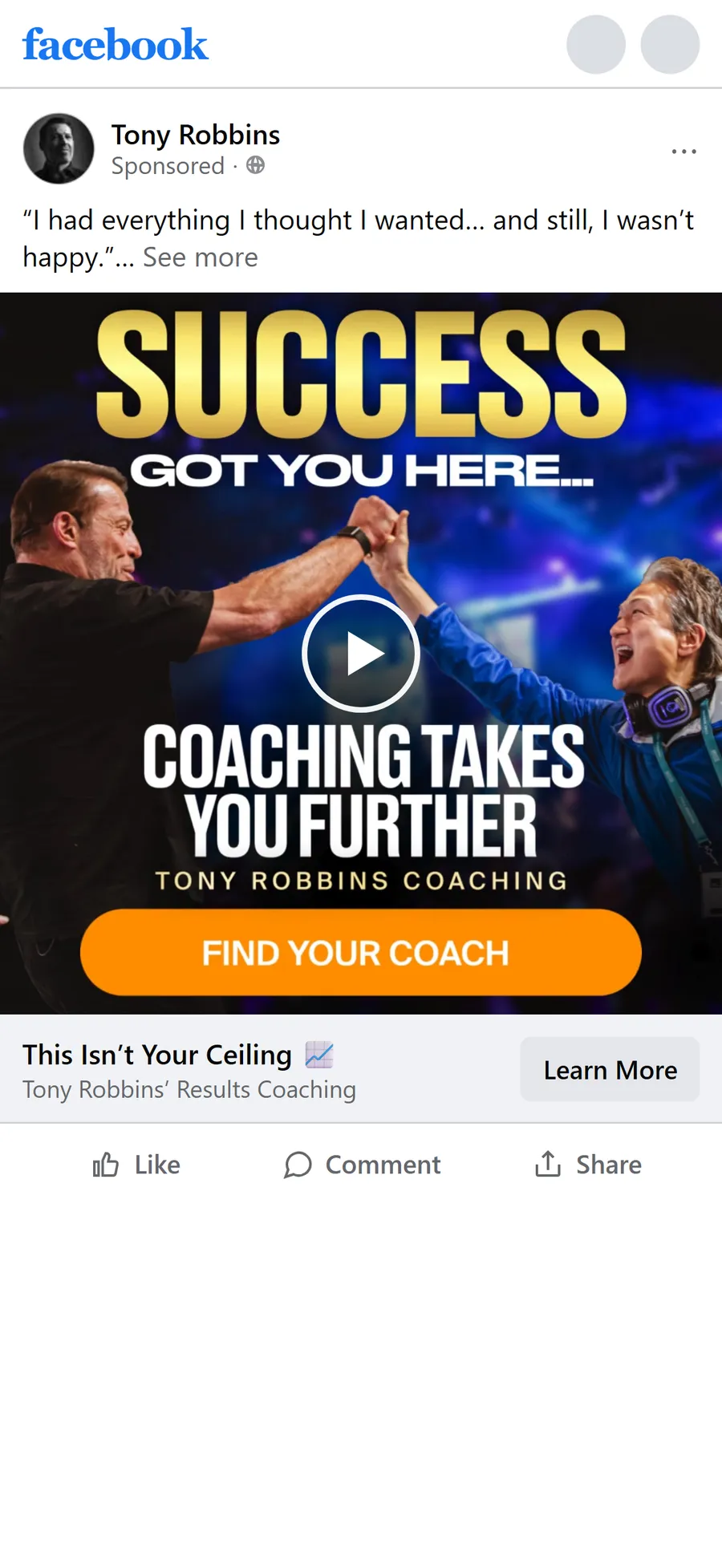 Tony Robbins — "This Isn't Your Ceiling" testimonial ad (mobile)