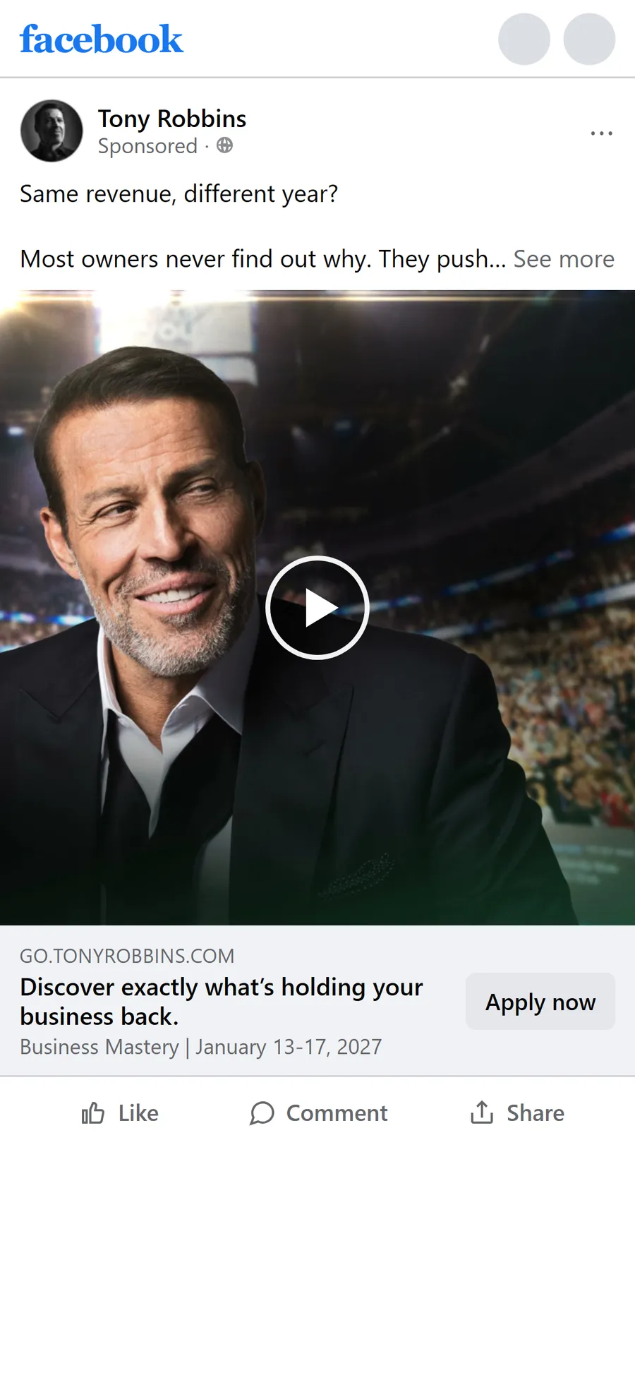 Tony Robbins — "Discover exactly what's holding your business back" ad (mobile)