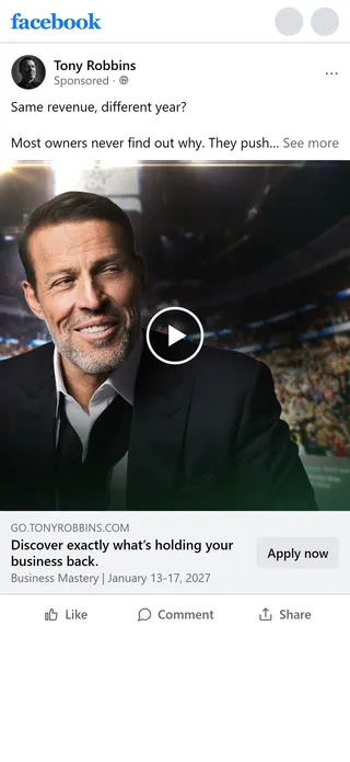 Tony Robbins — "Discover exactly what's holding your business back" ad