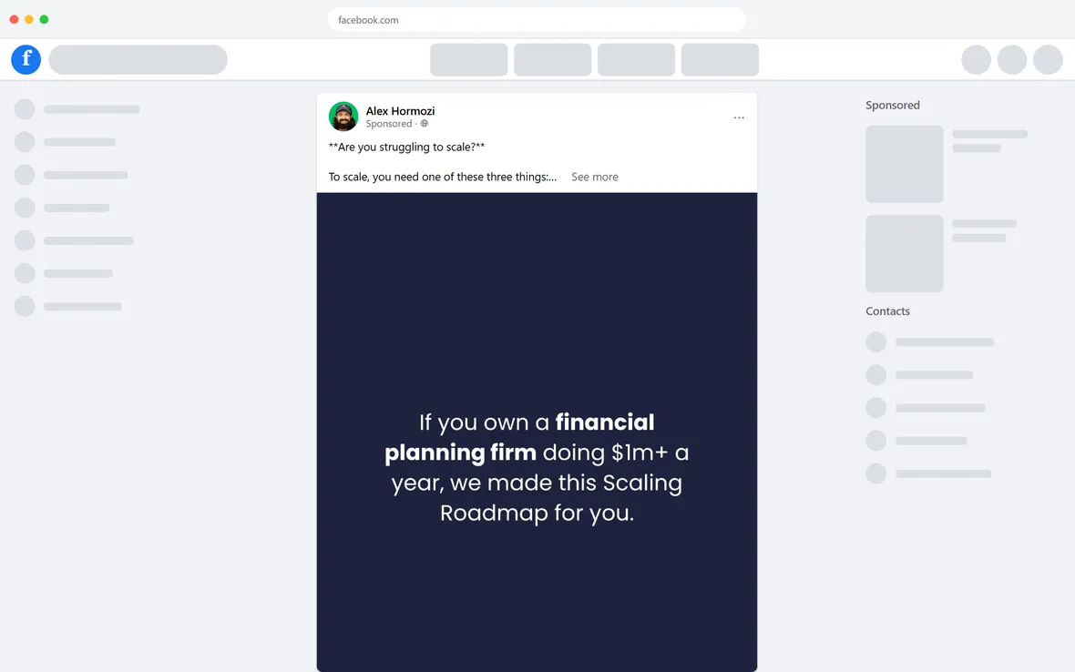 Acquisition.com — "Are you struggling to scale?" still ad (desktop)