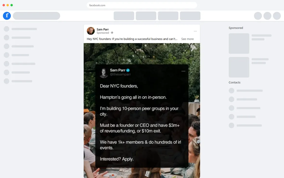 Hampton — "Dear NYC founders, Hampton's going all in on in-person." (desktop)