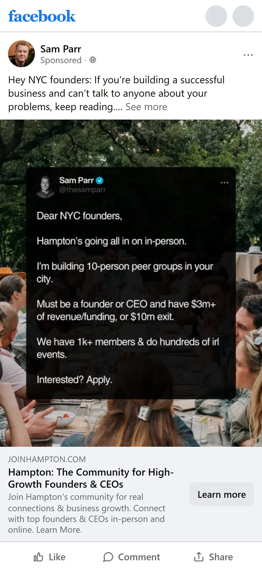Hampton — "Dear NYC founders, Hampton's going all in on in-person." (mobile)