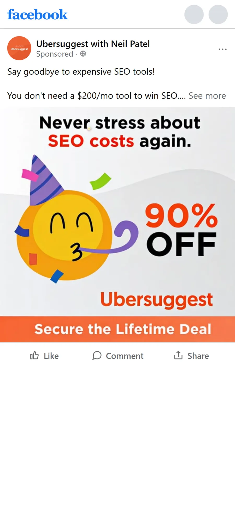 Ubersuggest — "Say goodbye to expensive SEO tools!" (mobile)