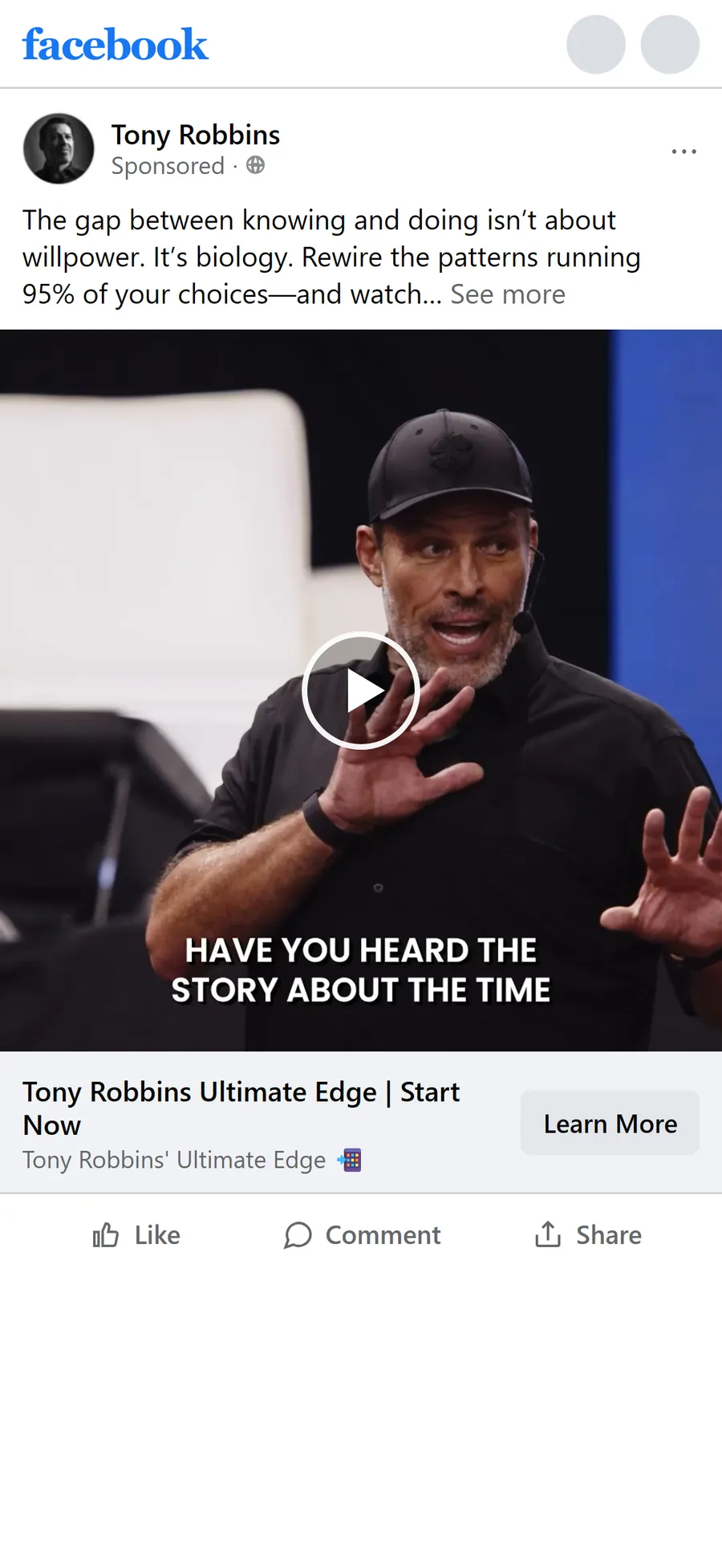 Tony Robbins — "Tony Robbins Ultimate Edge | Start Now" ad (mobile)