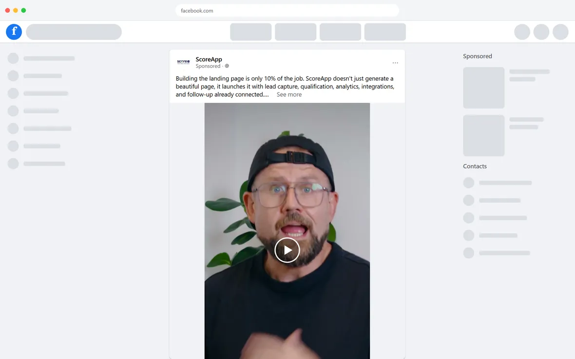 ScoreApp — "Building the landing page is only 10% of the job" ad (desktop)