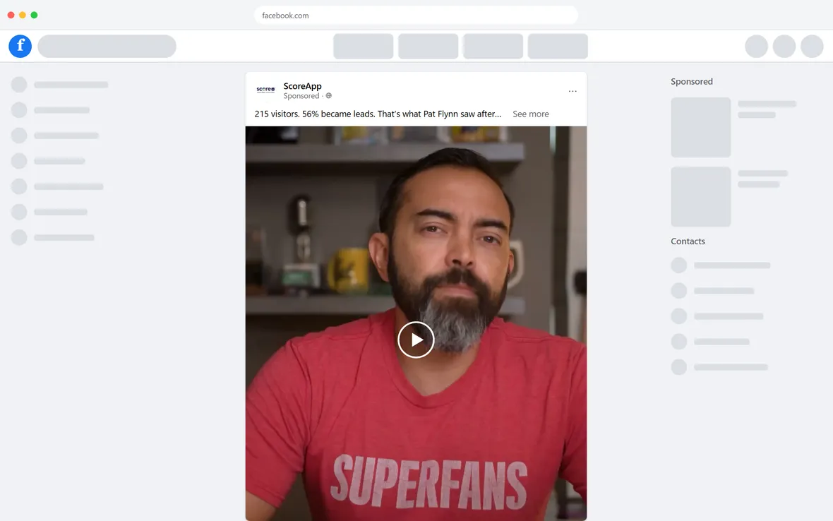 ScoreApp — "215 visitors. 56% became leads." Pat Flynn video ad (desktop)