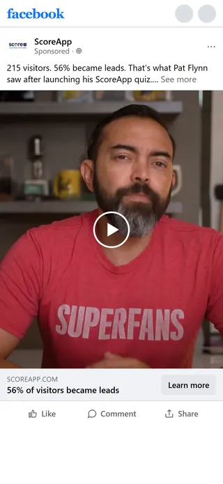 ScoreApp — "215 visitors. 56% became leads." Pat Flynn video ad