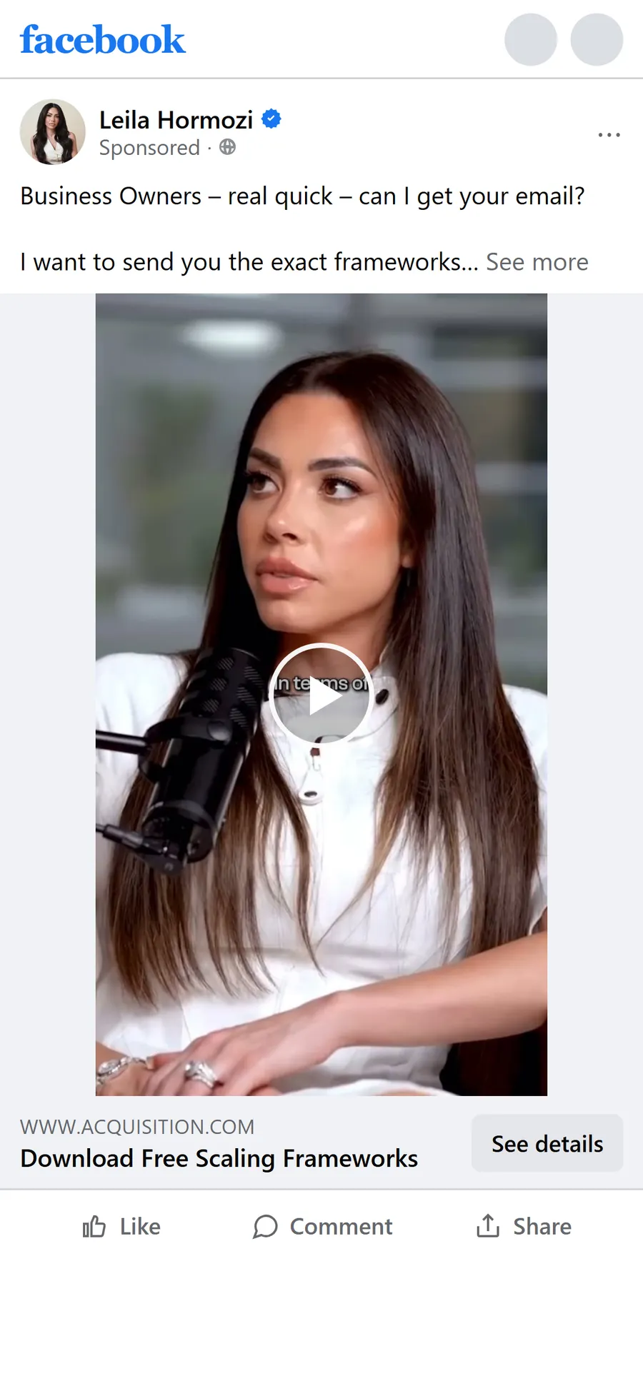 Acquisition.com — "5 Scaling Frameworks" video ad — Leila Hormozi (mobile)