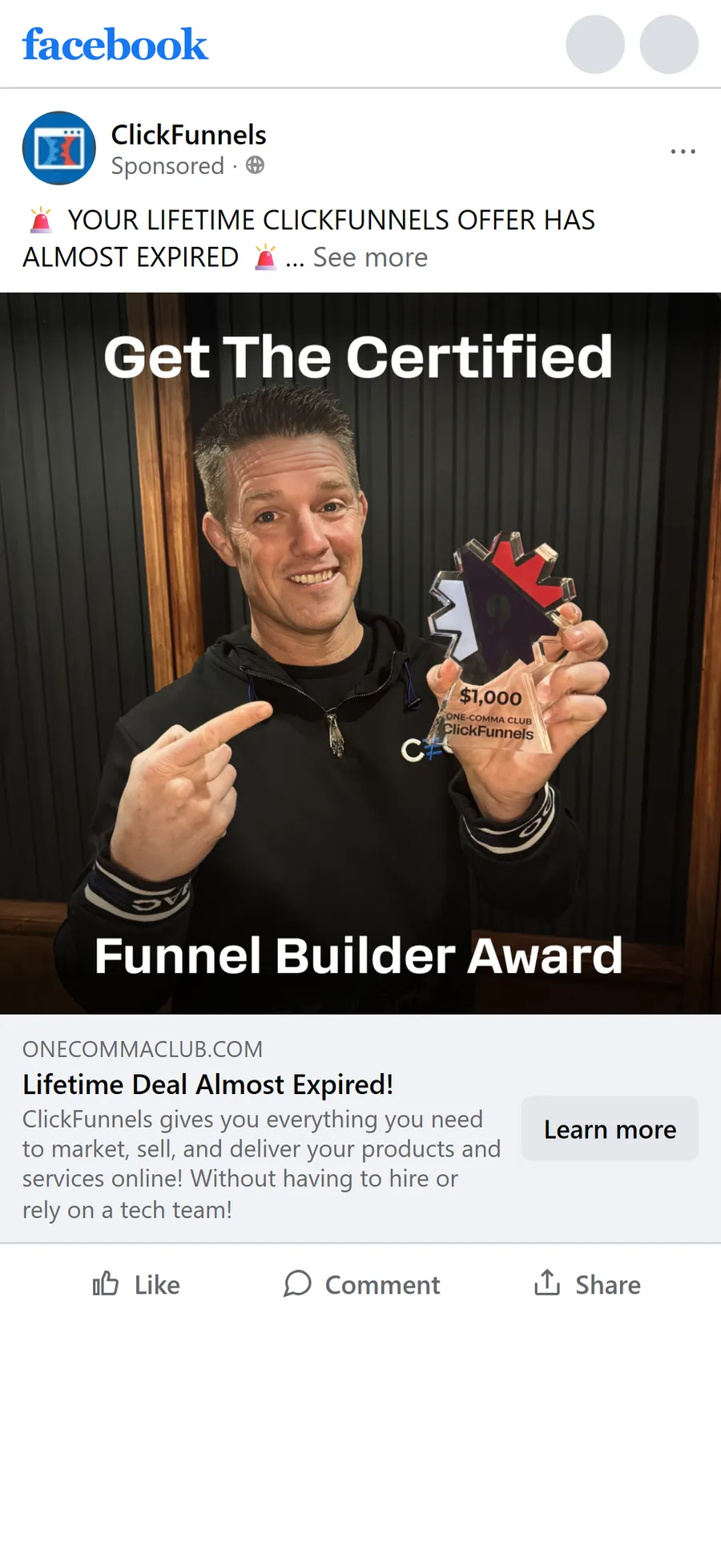 ClickFunnels — "Your lifetime ClickFunnels offer has almost expired" retargeting ad (mobile)