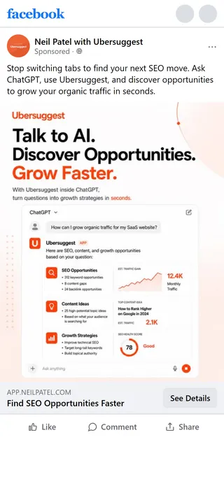 Ubersuggest — "Stop switching tabs to find your next SEO move"