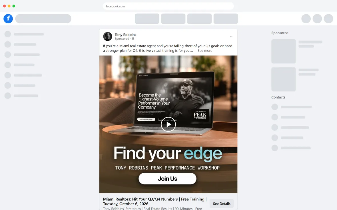 Tony Robbins — "Miami Realtors: Hit Your Q3/Q4 Numbers" ad (desktop)