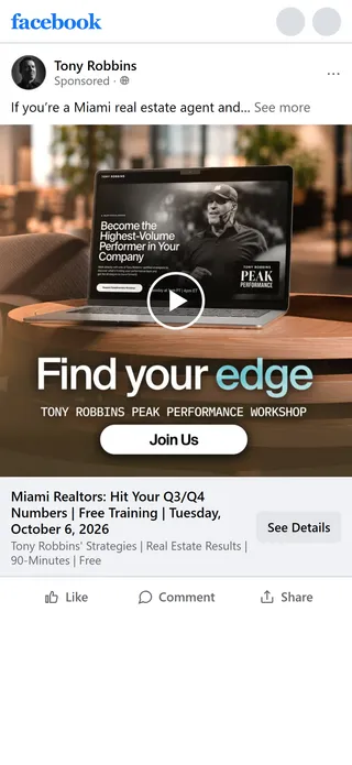 Tony Robbins — "Miami Realtors: Hit Your Q3/Q4 Numbers" ad